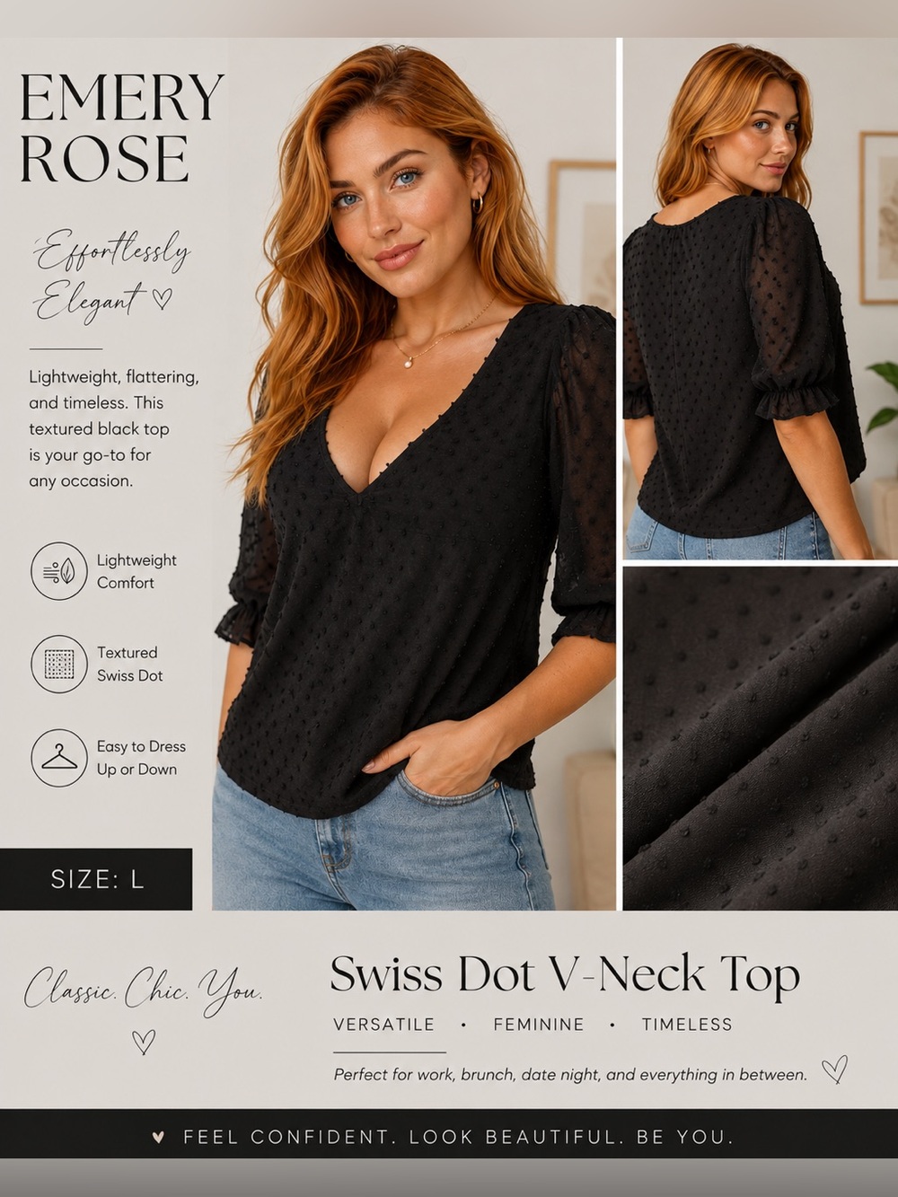 Emery Rose Black V-Neck Swiss Dot Blouse - Lightweight Relaxed Fit